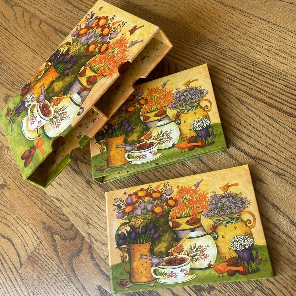 Vintage Recipe Binder Set 3PC Set Art by Debi Hron Birds Flowers Coffee Tea 90s